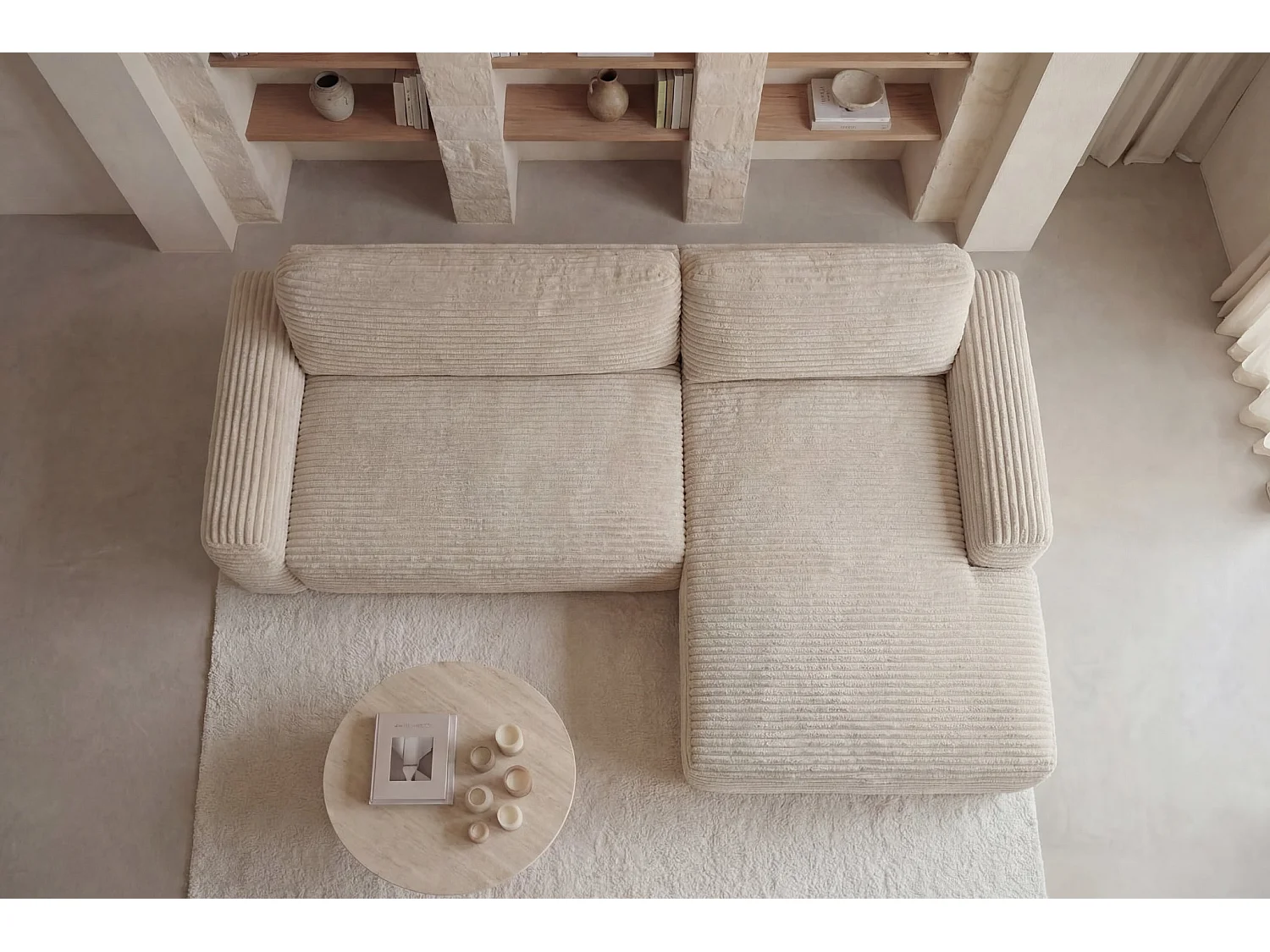 OLYMPE - Canapé d'angle convertible velours côtelé 4 places Beige Droit