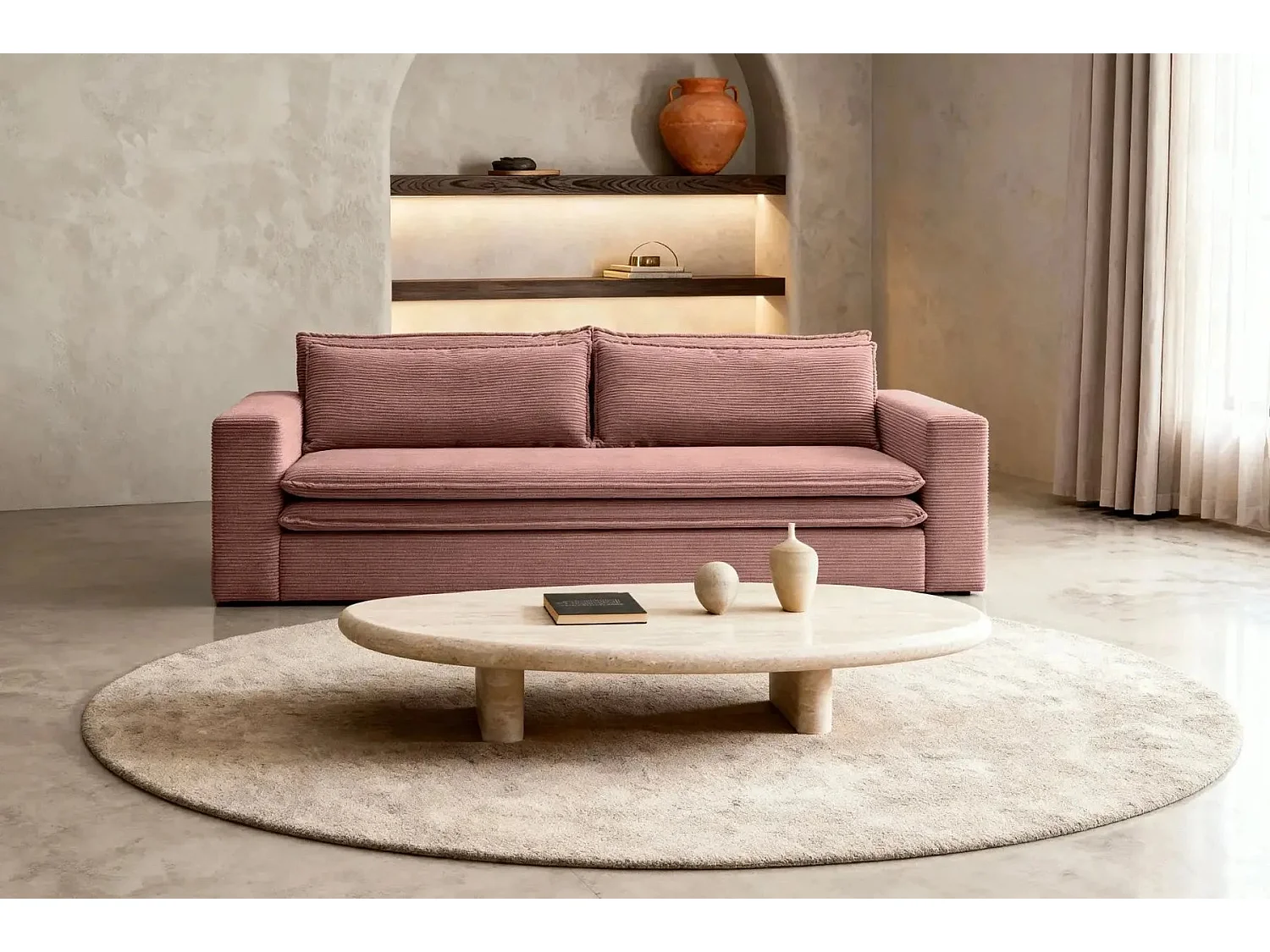 OSCAR PLUS - Canapé droit convertible velours côtelé 3 places Rose