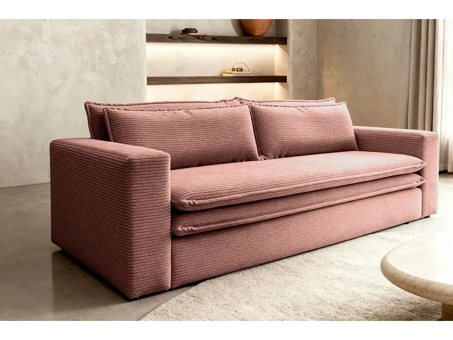 OSCAR PLUS - Canapé droit convertible velours côtelé 3 places Rose