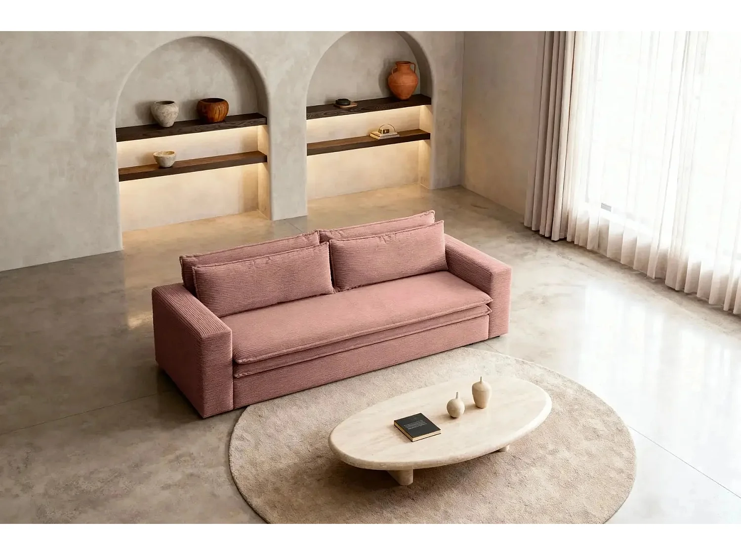OSCAR PLUS - Canapé droit convertible velours côtelé 3 places Rose