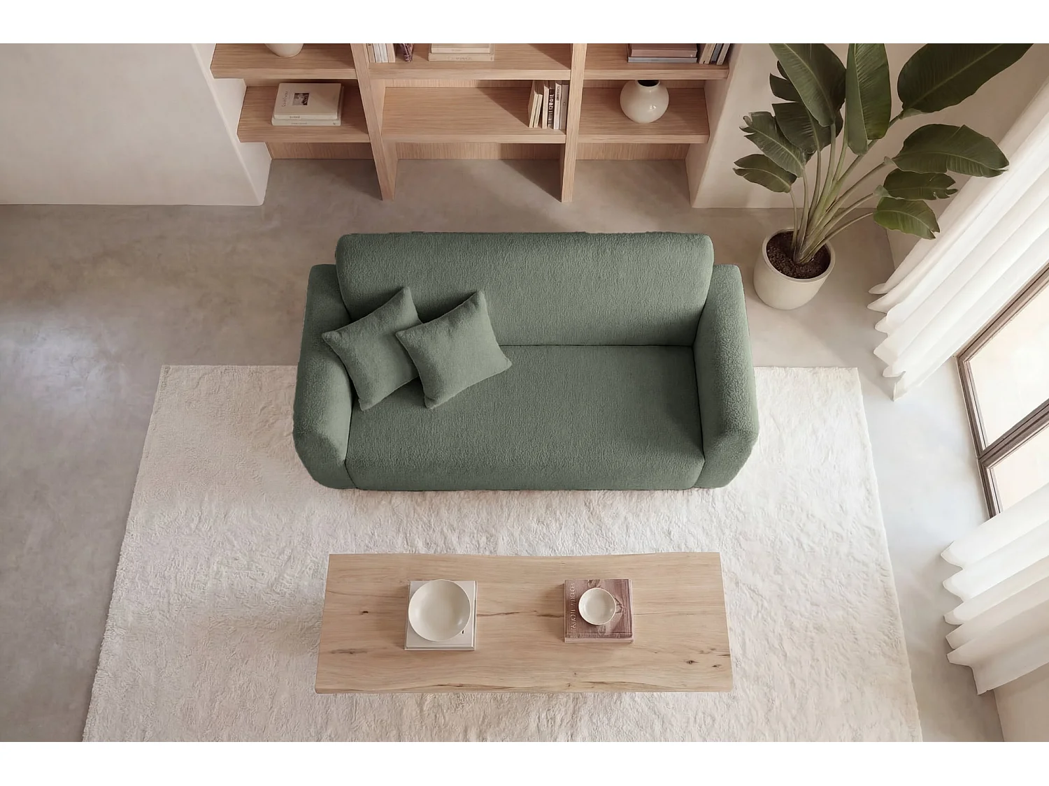 GINA - Canapé droit convertible tissu bouclette 2 places Vert