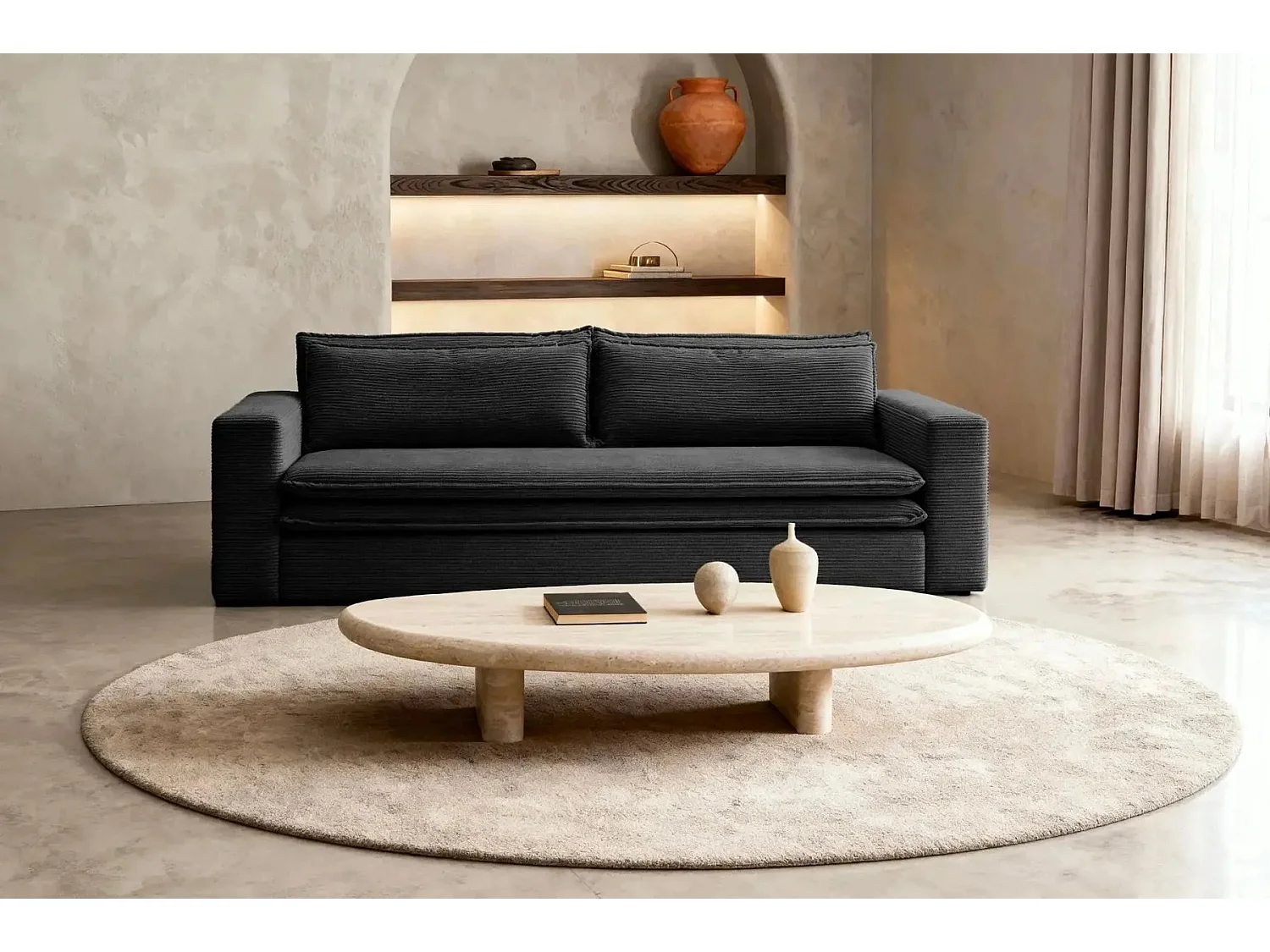 OSCAR PLUS - Canapé droit convertible velours côtelé 3 places - Noir