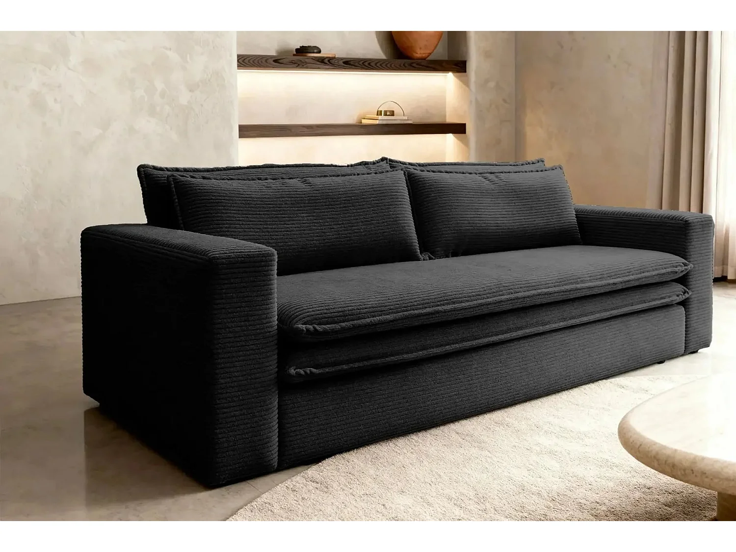 OSCAR PLUS - Canapé droit convertible velours côtelé 3 places - Noir