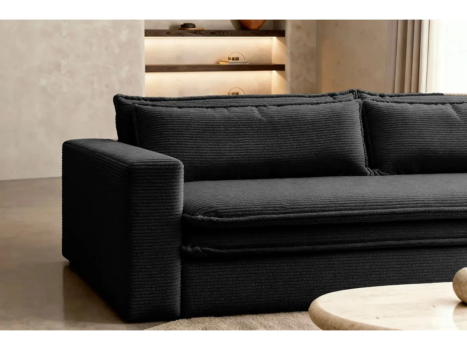 OSCAR PLUS - Canapé droit convertible velours côtelé 3 places - Noir