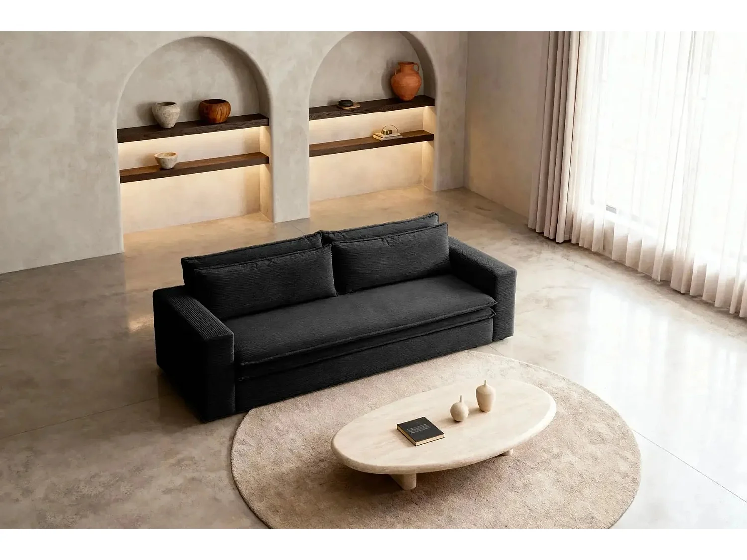 OSCAR PLUS - Canapé droit convertible velours côtelé 3 places - Noir