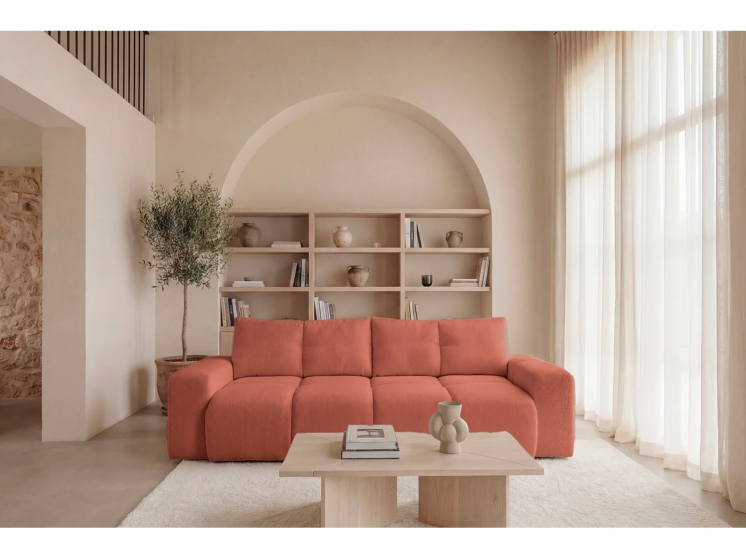 CONSTANCE - 3-zits rechte slaapbank in chenille stof - Terracotta