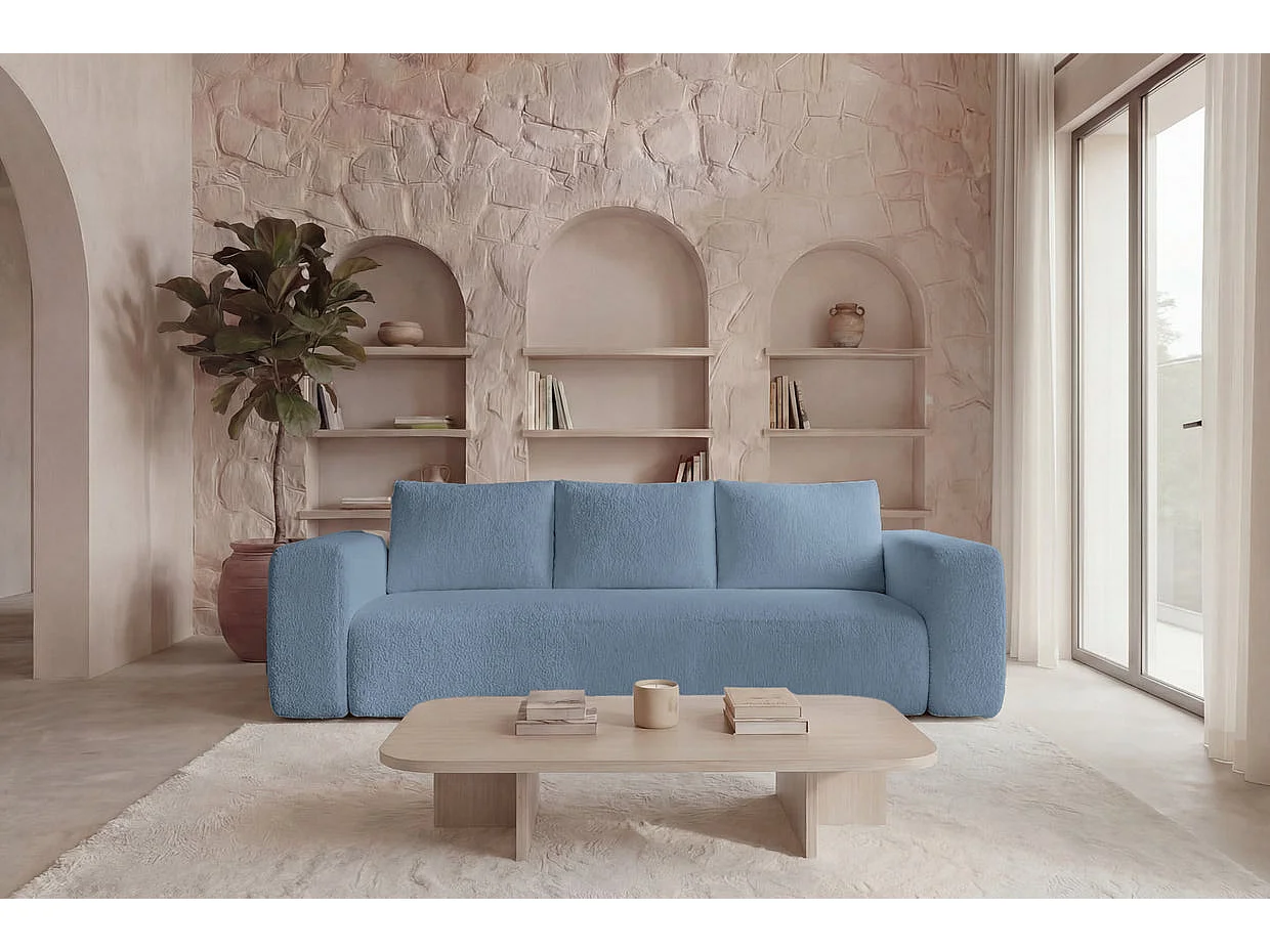 ARIEL - Canapé droit convertible tissu bouclette 3 places Bleu