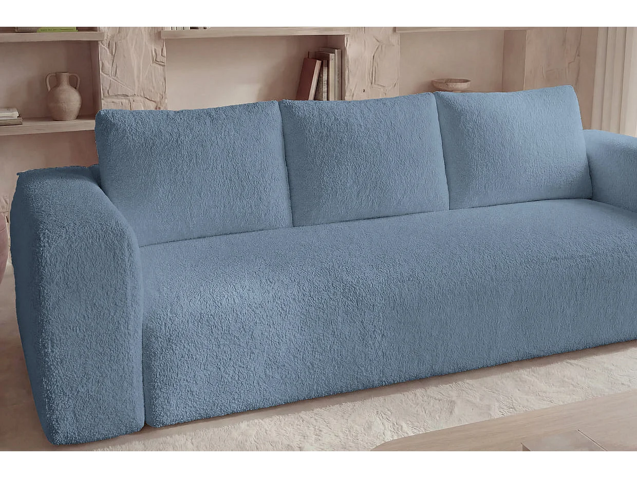 ARIEL - Canapé droit convertible tissu bouclette 3 places Bleu