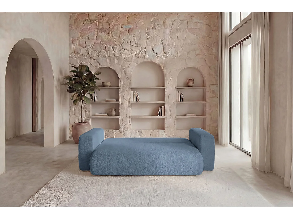 ARIEL - Canapé droit convertible tissu bouclette 3 places Bleu