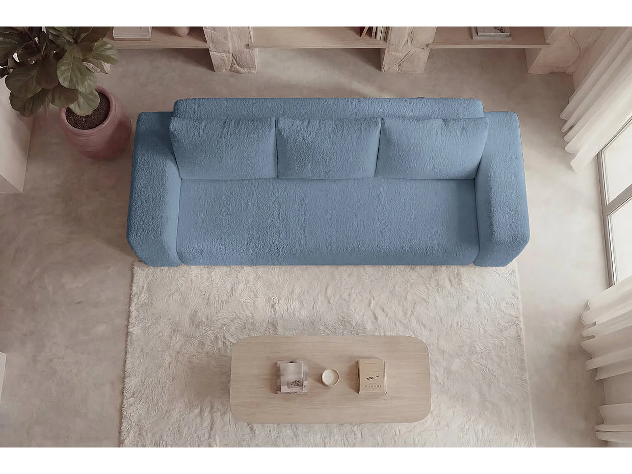 ARIEL - Canapé droit convertible tissu bouclette 3 places Bleu