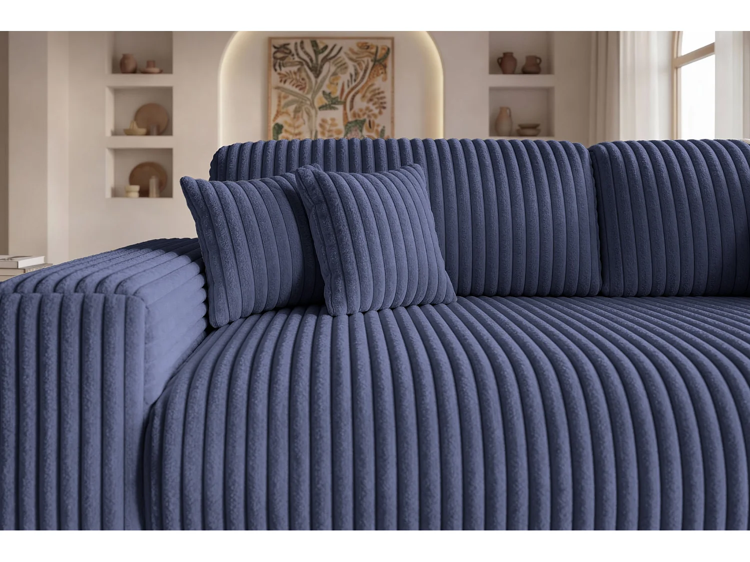CAISA - Canapé droit convertible velours côtelé 4 places Bleu