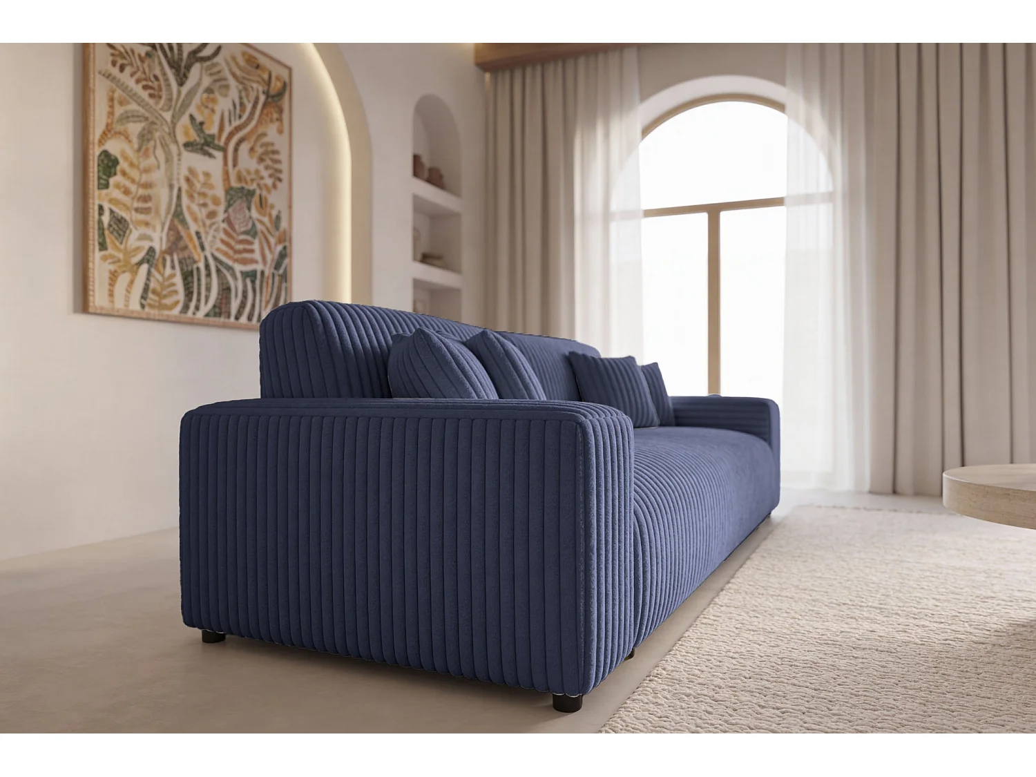 CAISA - Canapé droit convertible velours côtelé 4 places Bleu