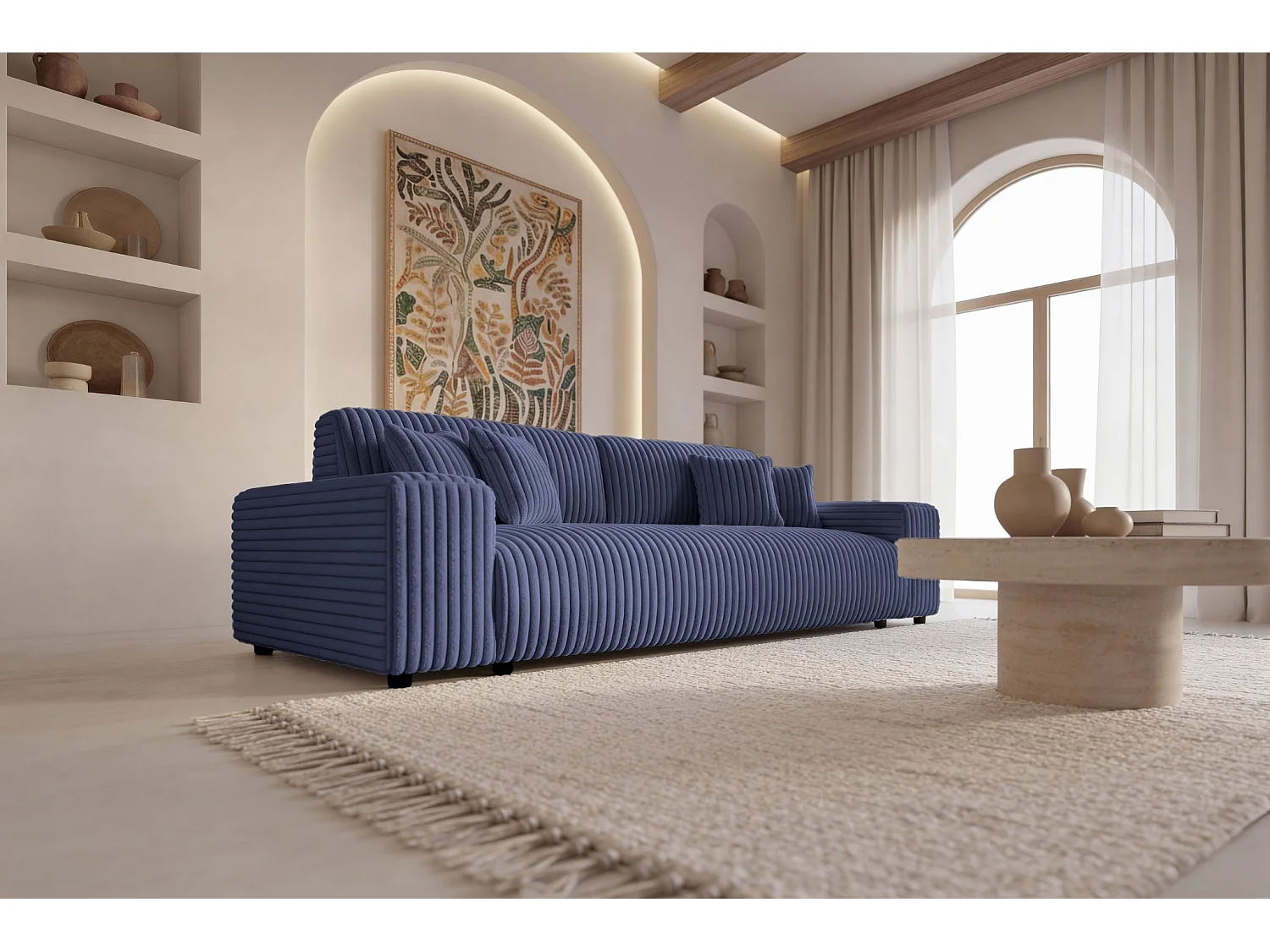 CAISA - Canapé droit convertible velours côtelé 4 places Bleu