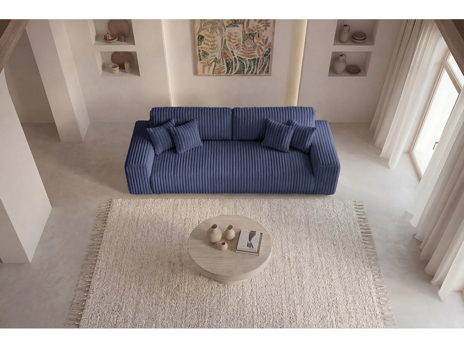 CAISA - Canapé droit convertible velours côtelé 4 places Bleu