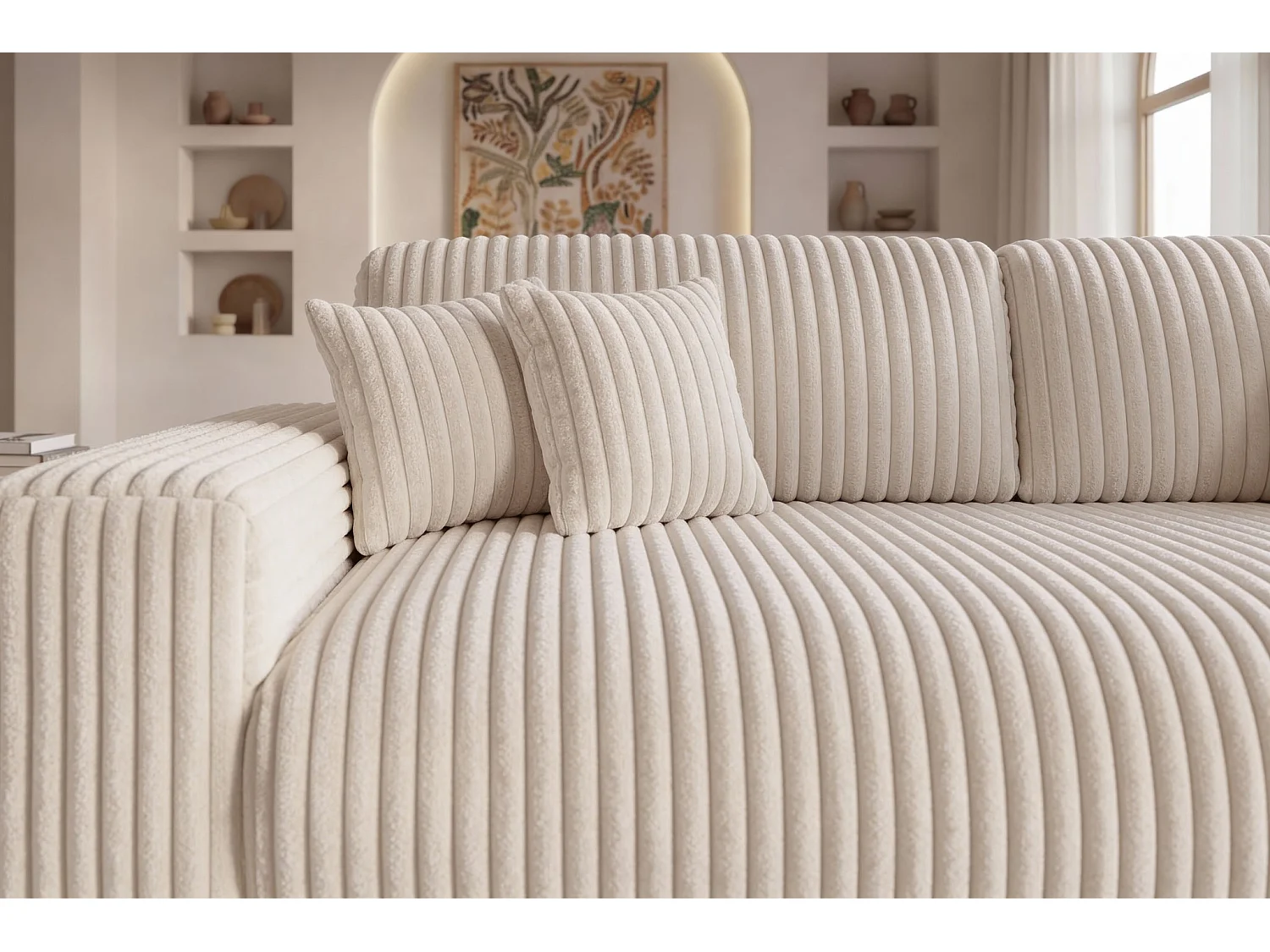 CAISA - 4-zits rechte slaapbank in ribfluweel - Beige