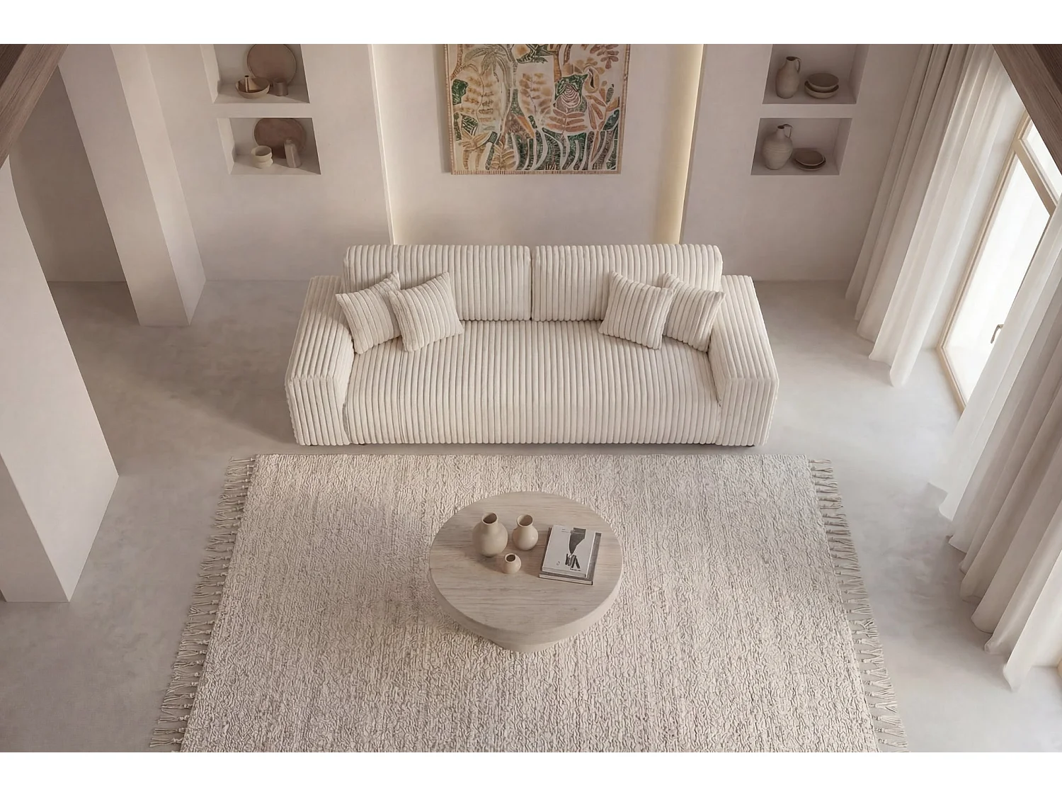 CAISA - 4-zits rechte slaapbank in ribfluweel - Beige