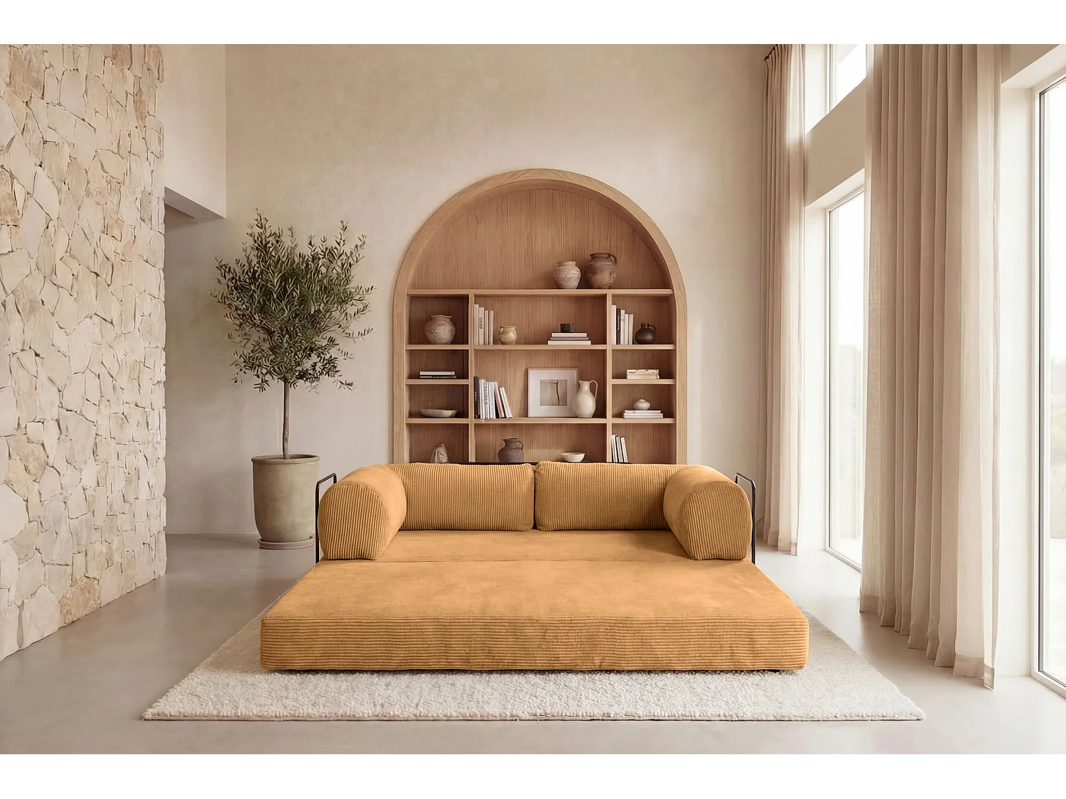 COSIMA - Canapé droit convertible velours côtelé 3 places Moutarde