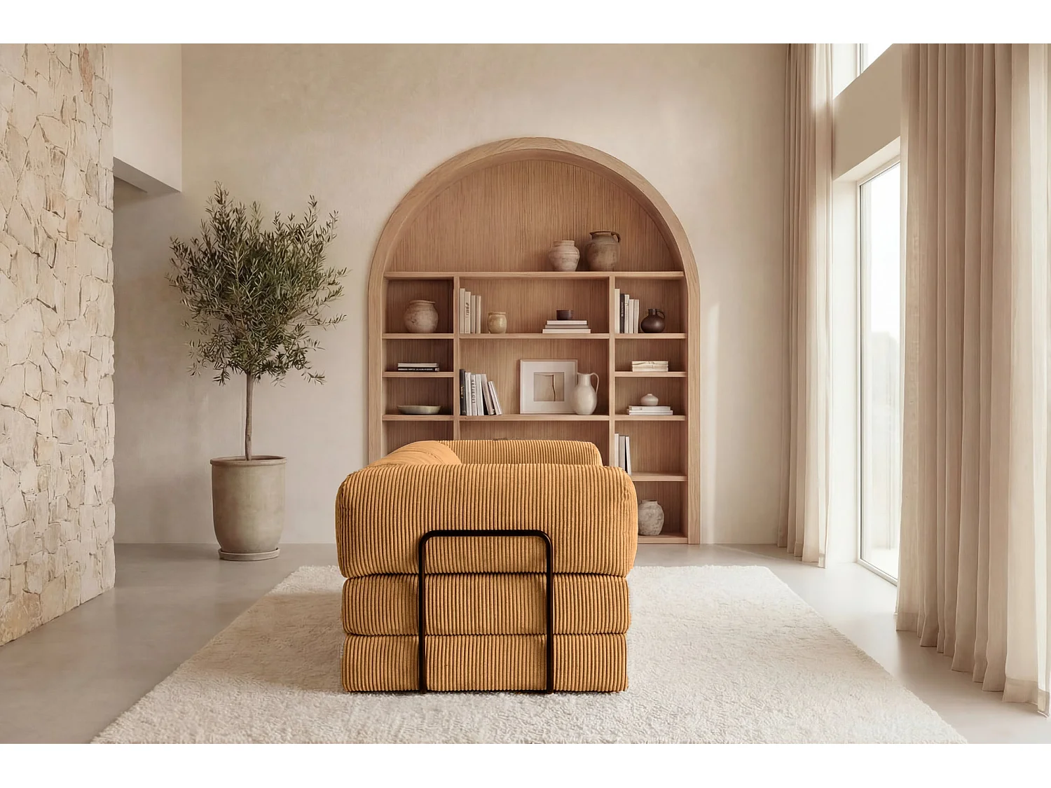 COSIMA - Canapé droit convertible velours côtelé 3 places Moutarde