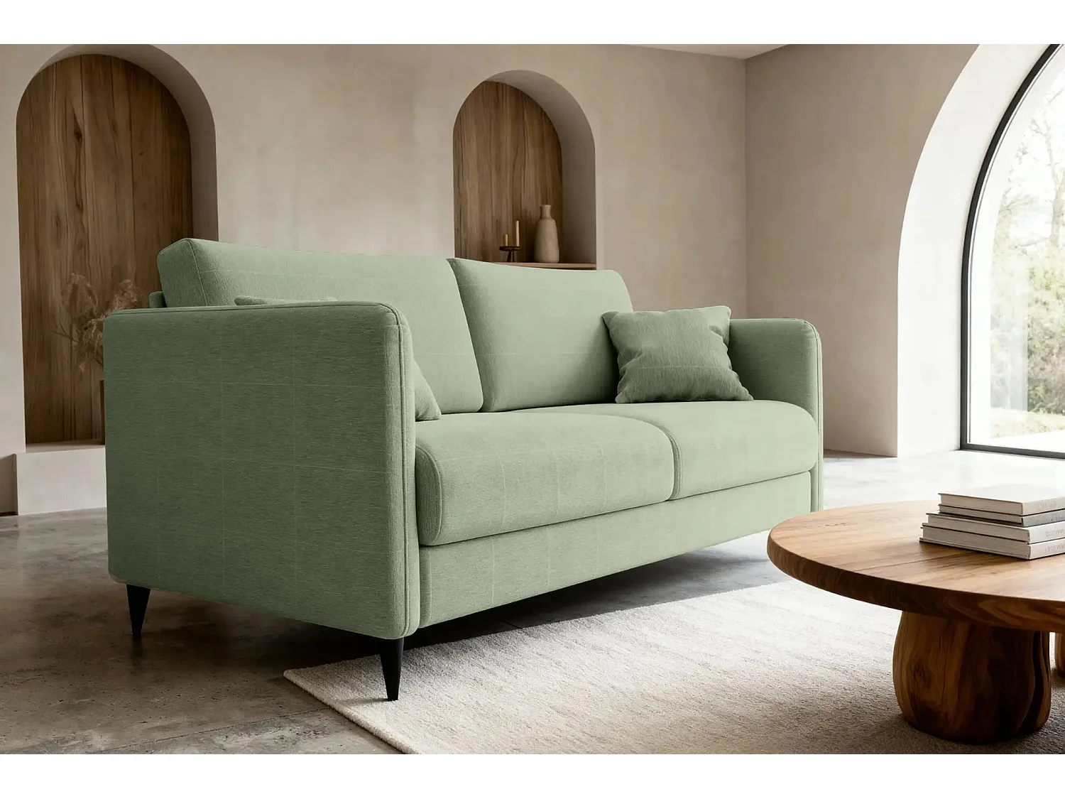 VICKY II - Canapé droit convertible tissu lisse 2 places Vert