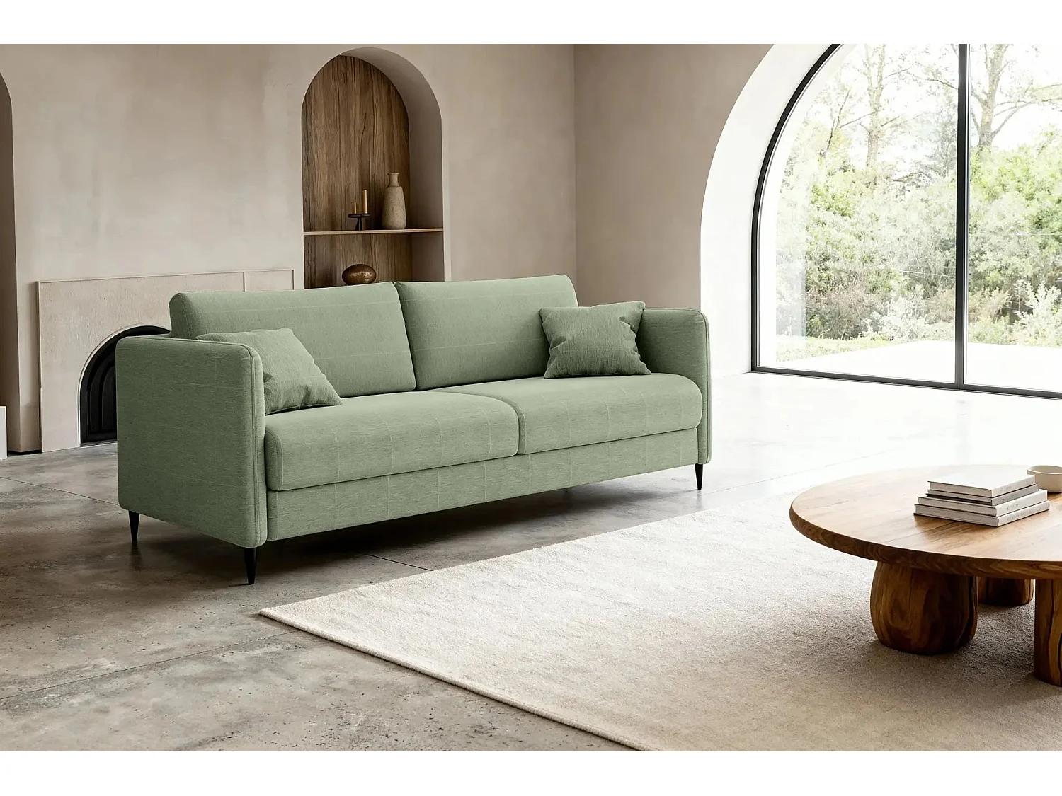 VICKY II - Canapé droit convertible tissu lisse 2 places Vert