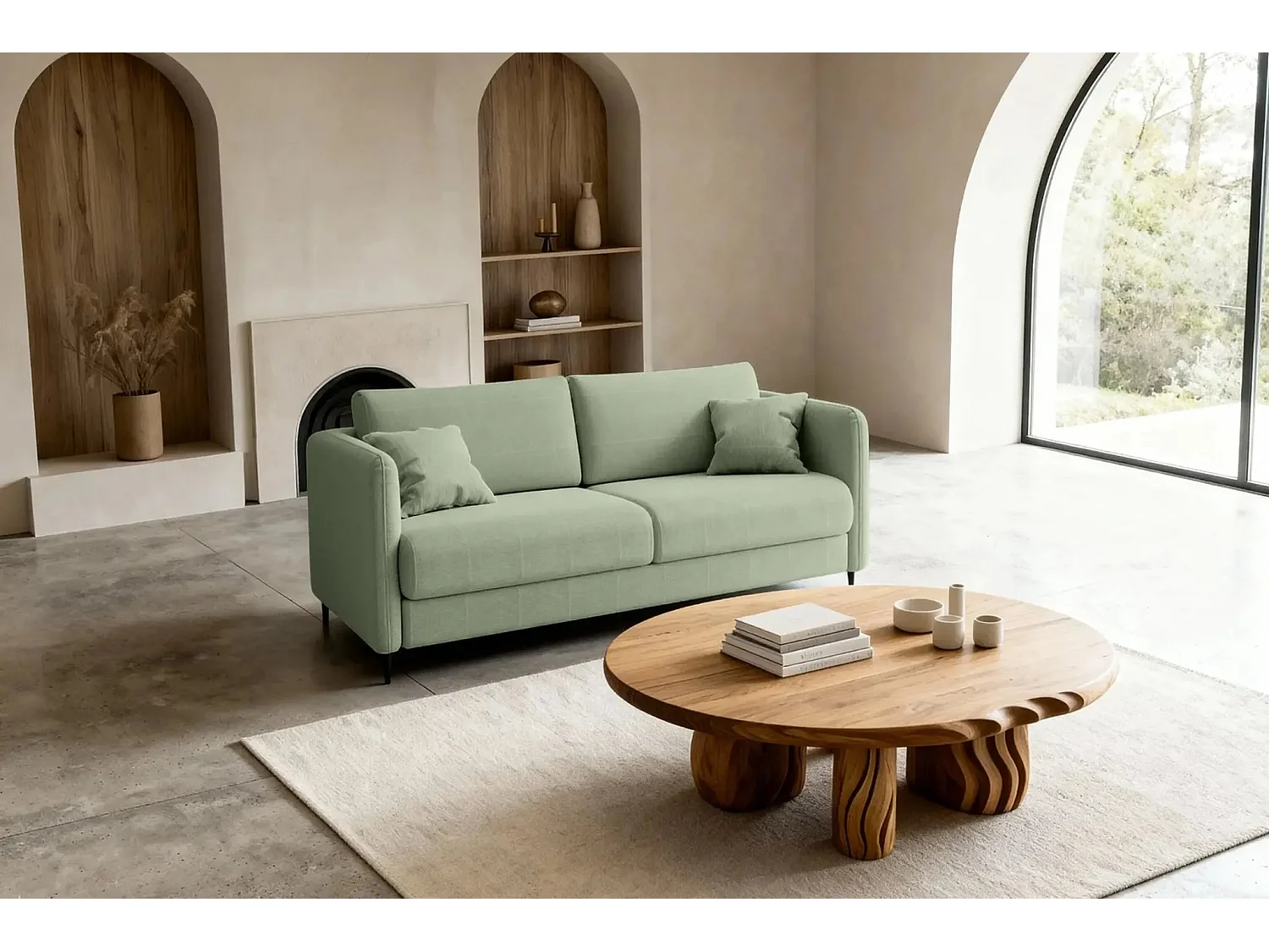 VICKY II - Canapé droit convertible tissu lisse 2 places Vert