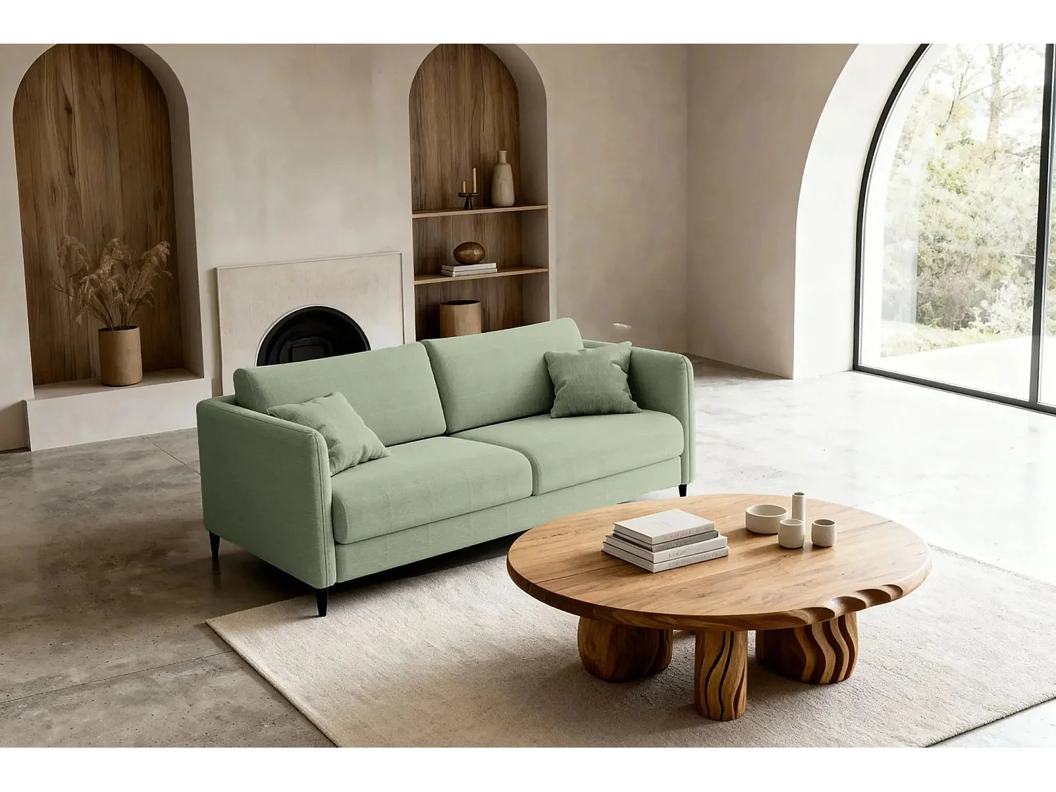 VICKY II - Canapé droit convertible tissu lisse 2 places Vert