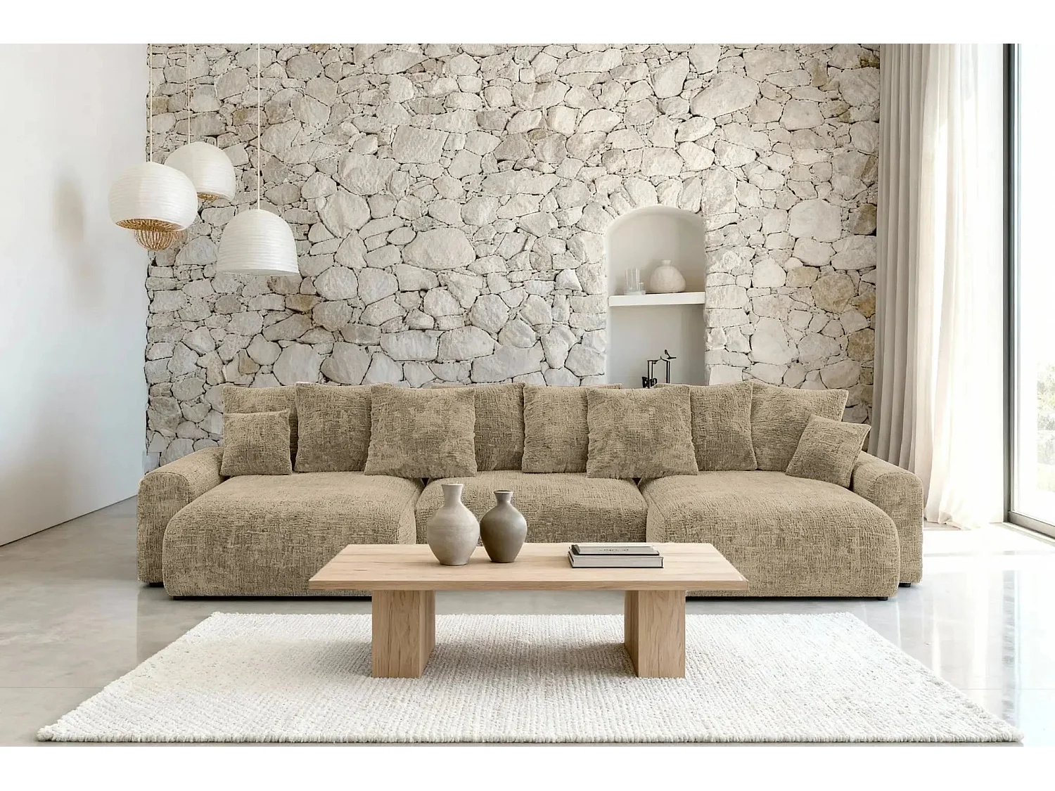 OLI - Canapé panoramique convertible tissu chenille 5 places Café