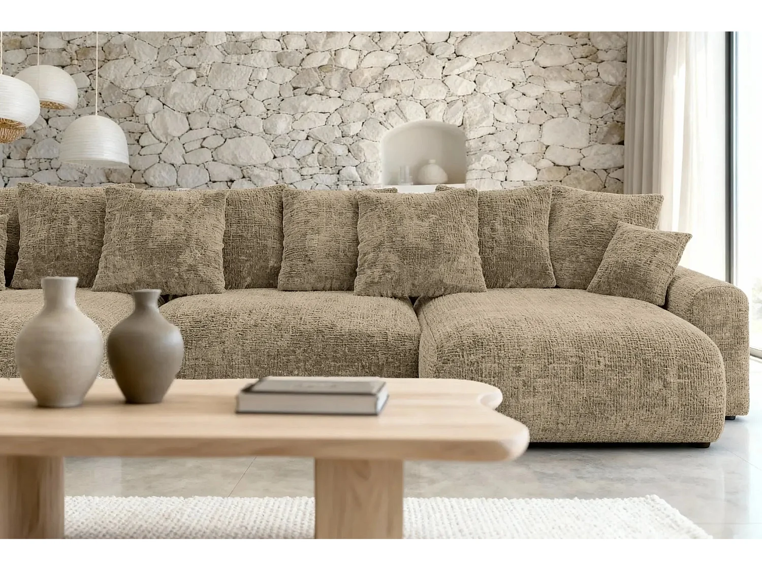 OLI - Canapé panoramique convertible tissu chenille 5 places Café