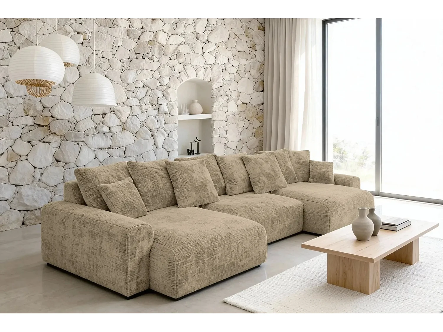 OLI - Canapé panoramique convertible tissu chenille 5 places Café