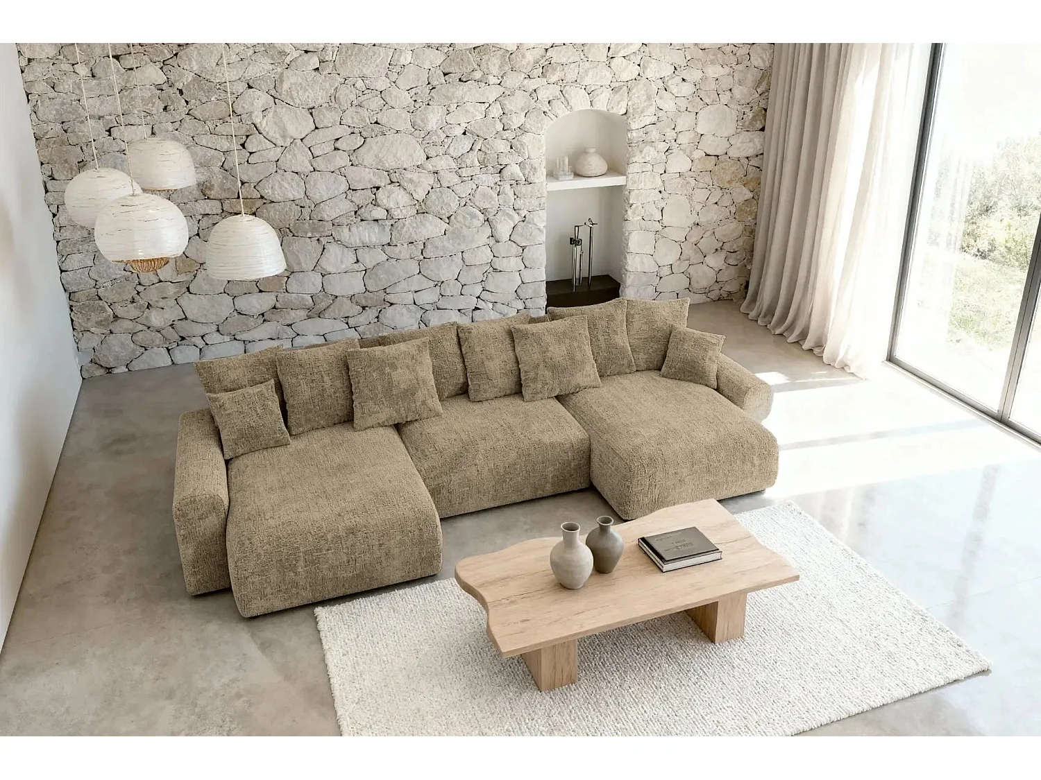 OLI - Canapé panoramique convertible tissu chenille 5 places Café