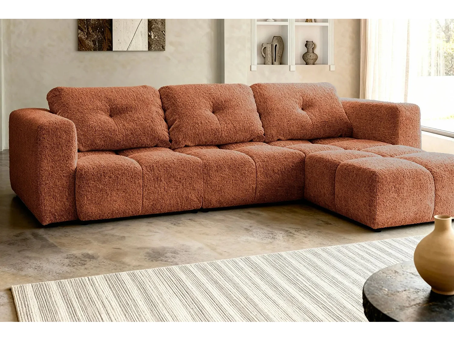 ROMY 4 PLACES - 4-zits hoekbank in chenille stof - Terracotta