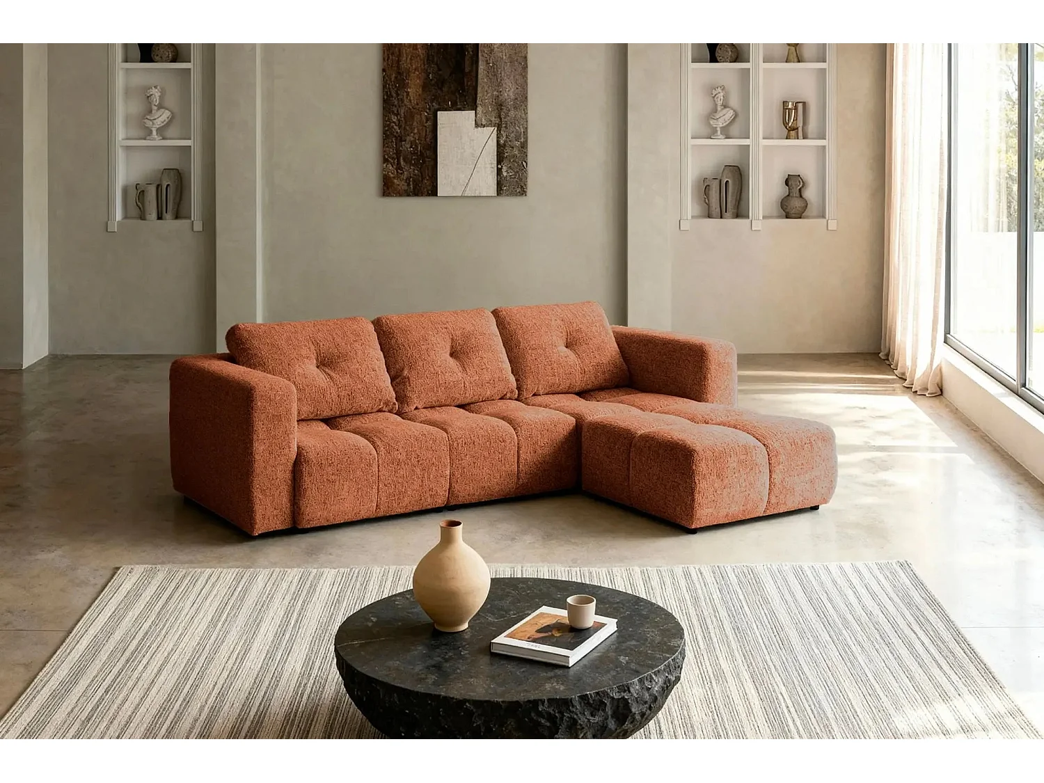 ROMY 4 PLACES - 4-zits hoekbank in chenille stof - Terracotta