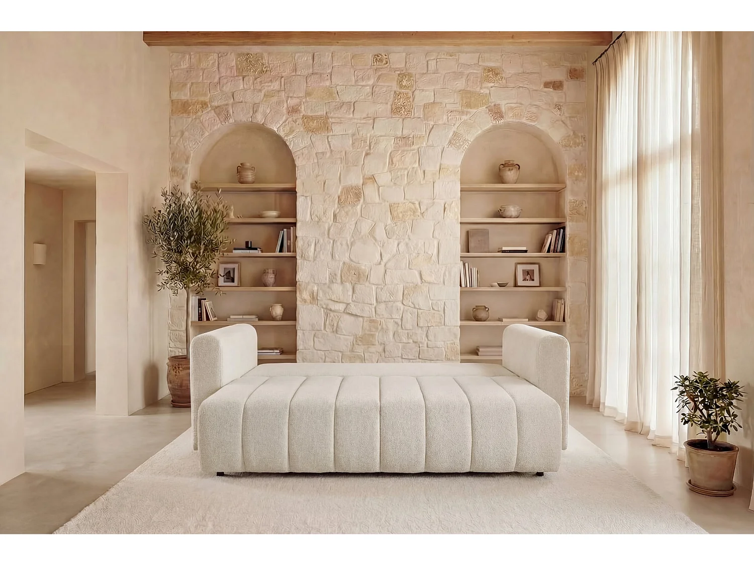 MARIUS - Canapé droit convertible tissu chenille 3 places Beige