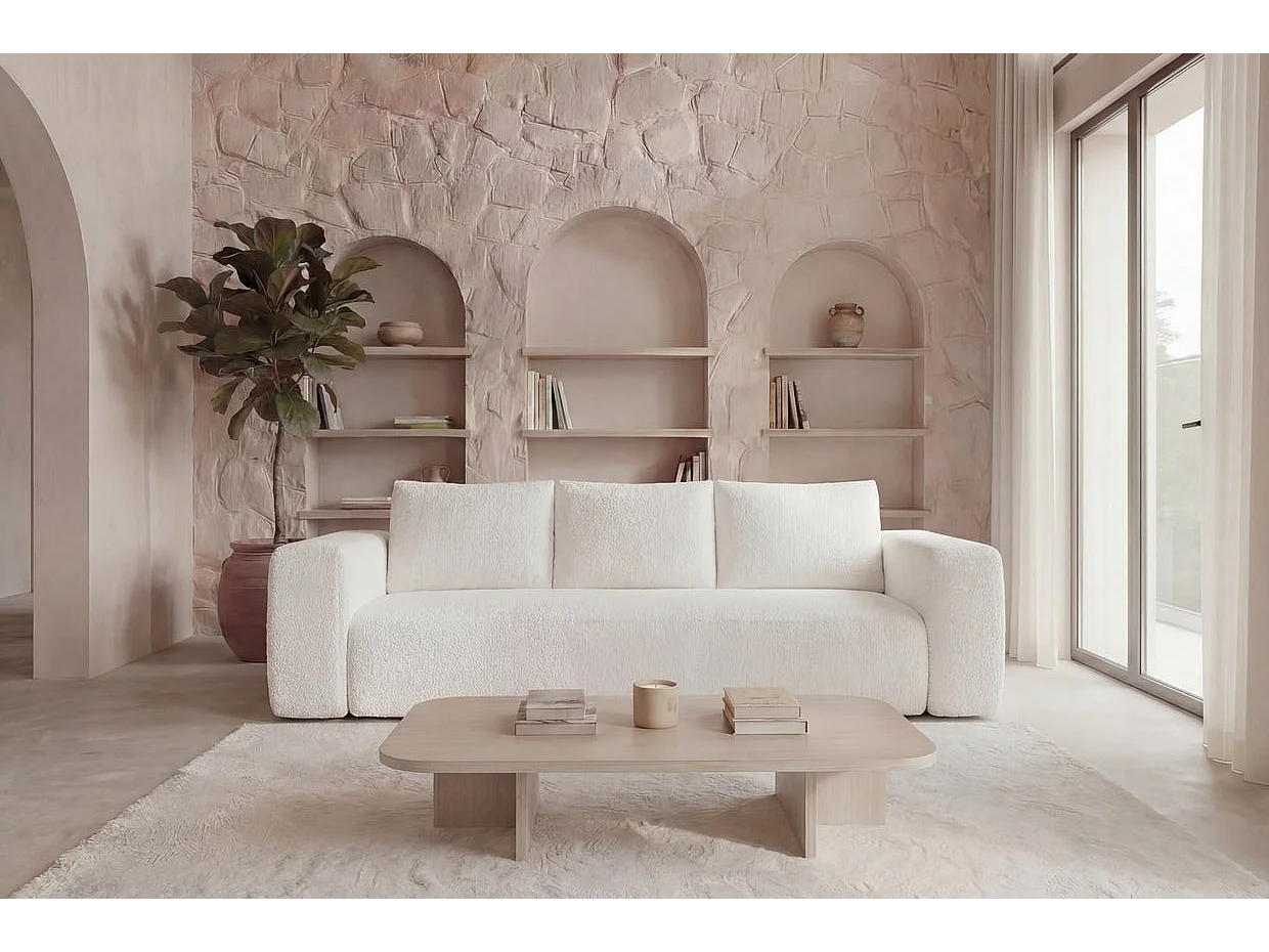 ARIEL - Canapé droit convertible tissu bouclette 3 places Beige