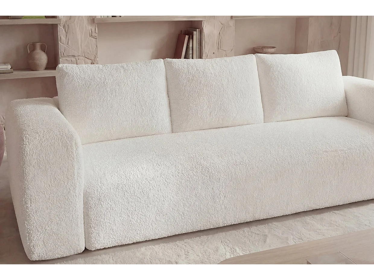ARIEL - Canapé droit convertible tissu bouclette 3 places Beige