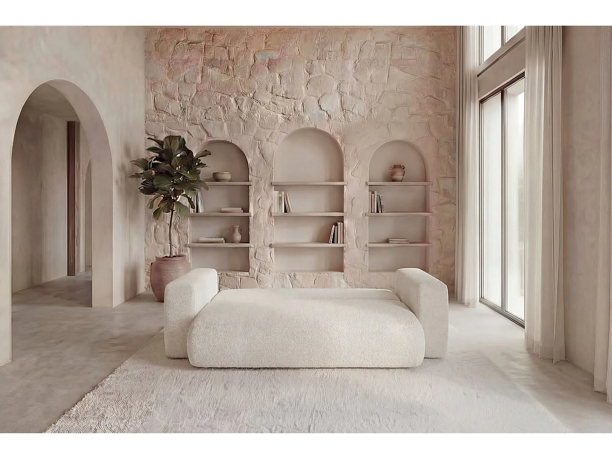 ARIEL - Canapé droit convertible tissu bouclette 3 places Beige