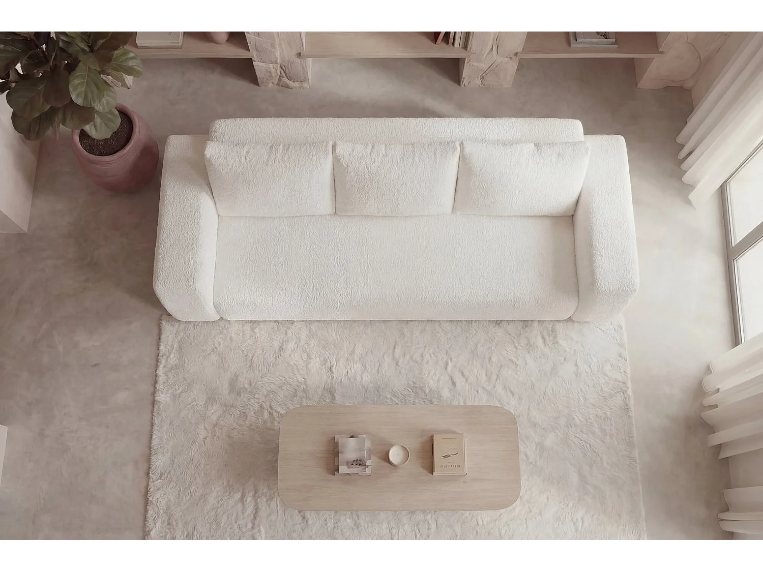 ARIEL - Canapé droit convertible tissu bouclette 3 places Beige