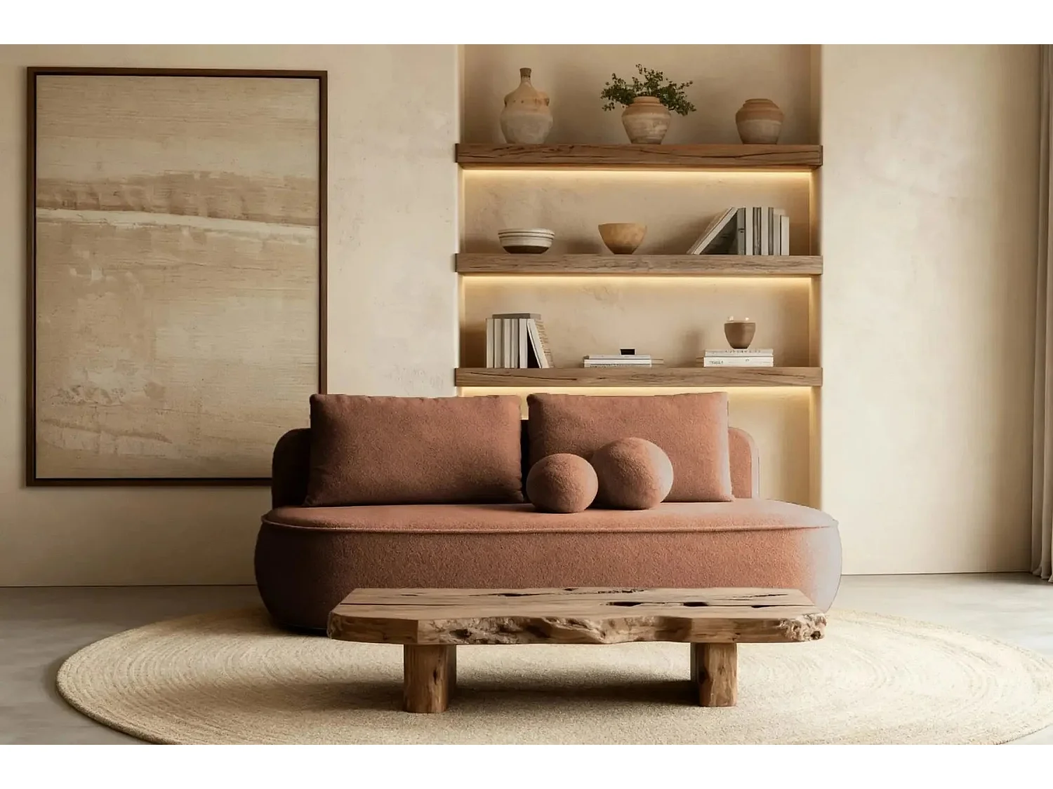 VICTOIRE - Canapé droit convertible tissu bouclette 2 places Terracotta