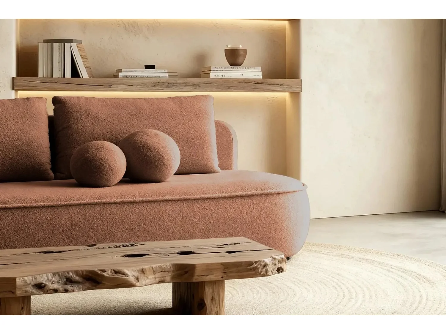 VICTOIRE - Canapé droit convertible tissu bouclette 2 places Terracotta