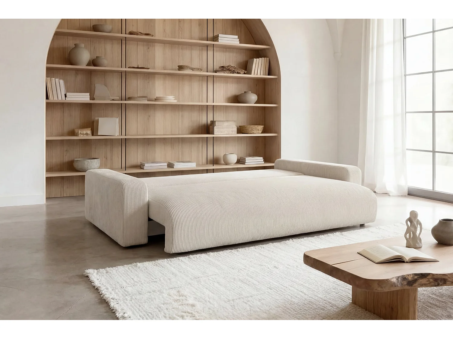 ENA - Canapé droit convertible velours côtelé 3 places Beige