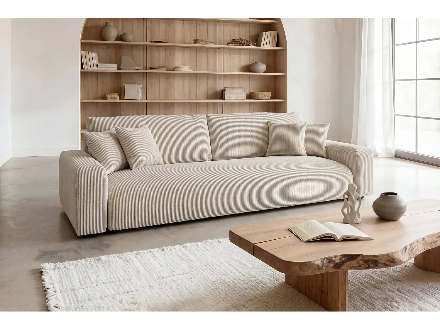 ENA - Canapé droit convertible velours côtelé 3 places Beige