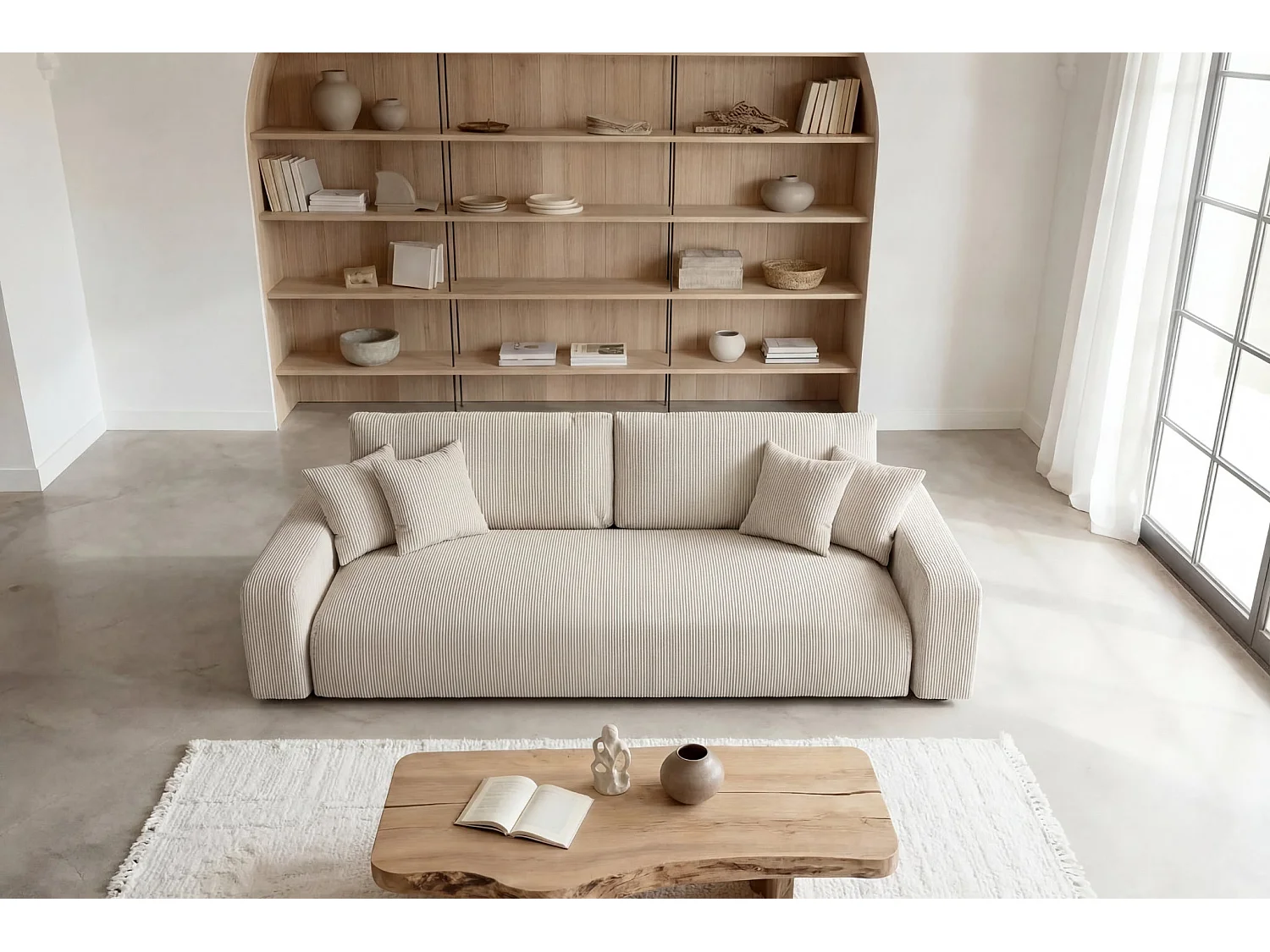 ENA - Canapé droit convertible velours côtelé 3 places Beige