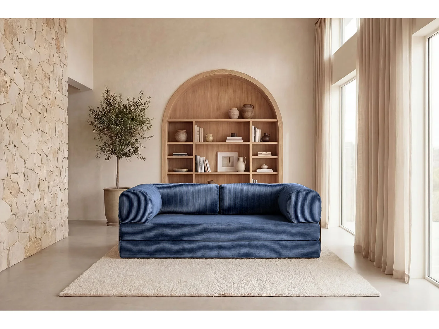 COSIMA - Canapé droit convertible velours côtelé 3 places Bleu