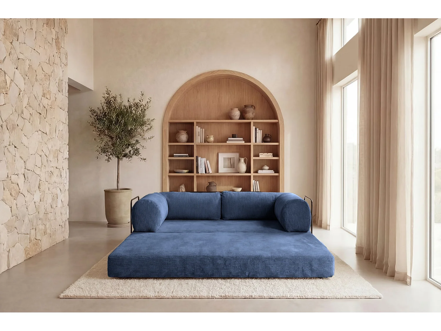 COSIMA - Canapé droit convertible velours côtelé 3 places Bleu