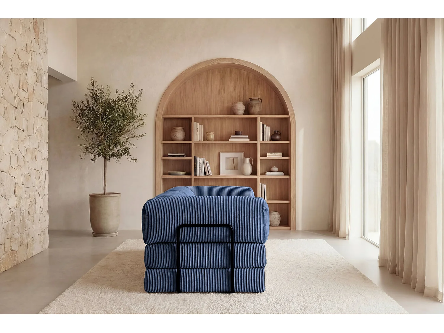 COSIMA - Canapé droit convertible velours côtelé 3 places Bleu