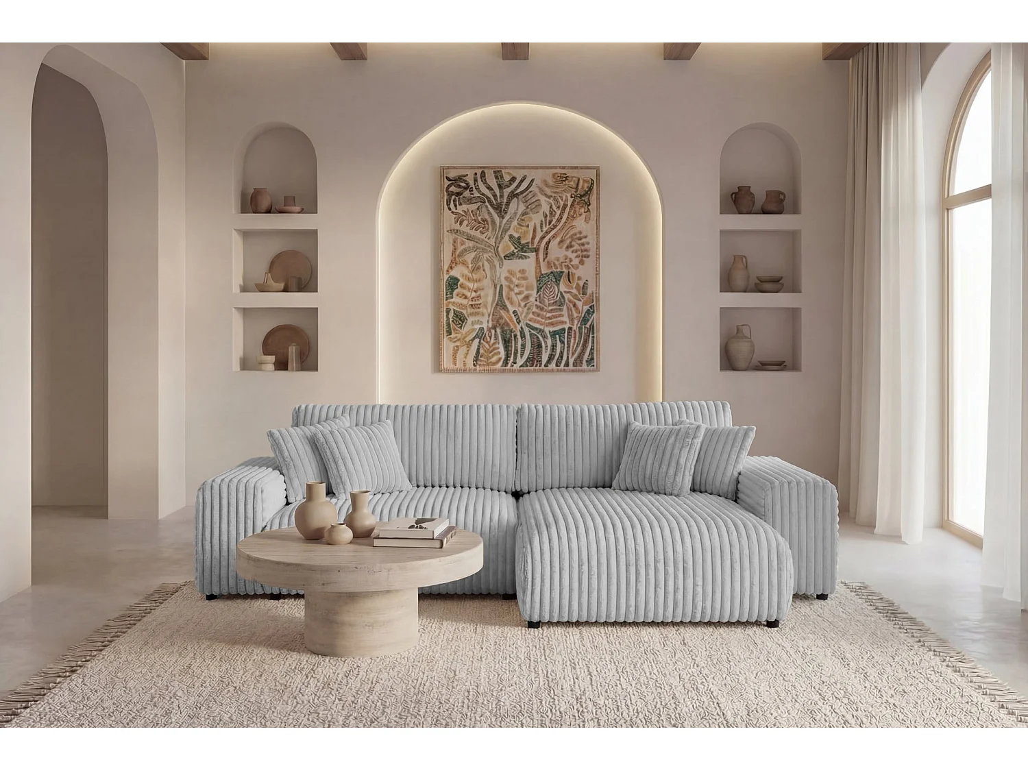 CAISA - Canapé d'angle convertible velours côtelé 4 places Gris clair