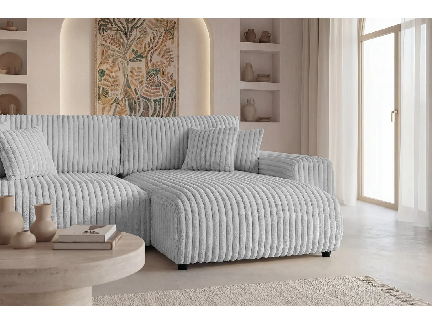 CAISA - Canapé d'angle convertible velours côtelé 4 places Gris clair