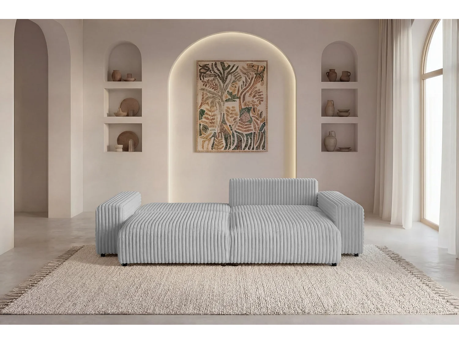 CAISA - Canapé d'angle convertible velours côtelé 4 places Gris clair