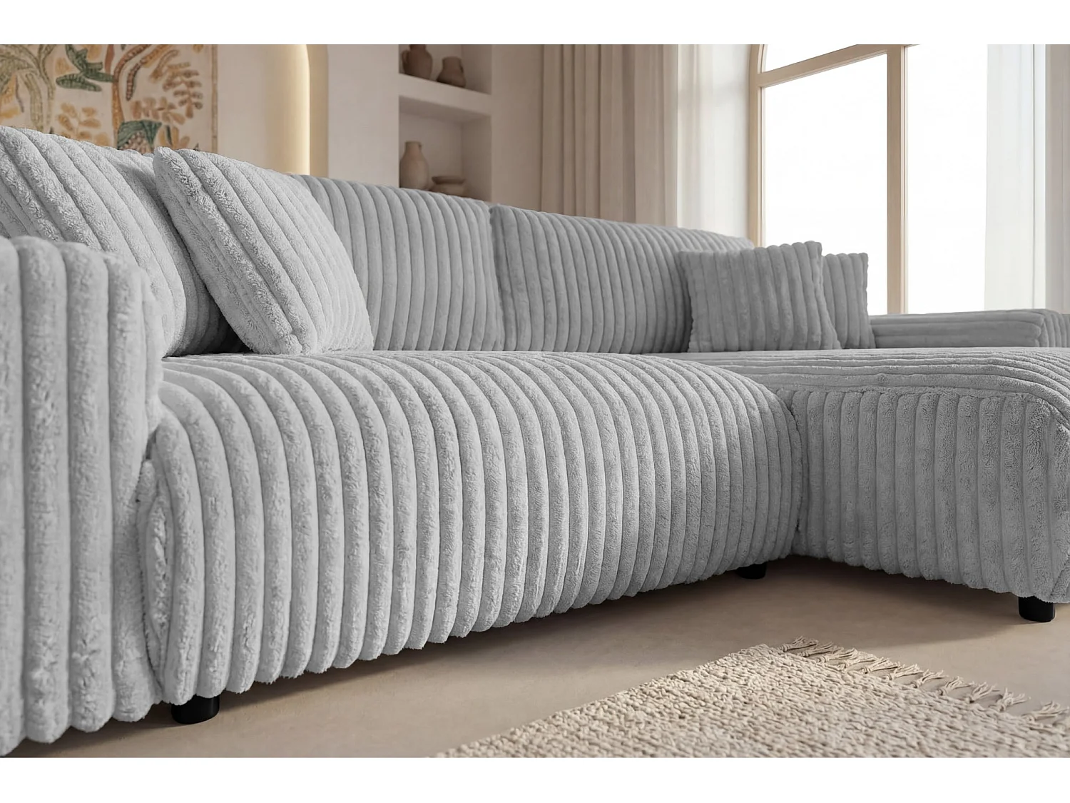 CAISA - Canapé d'angle convertible velours côtelé 4 places Gris clair