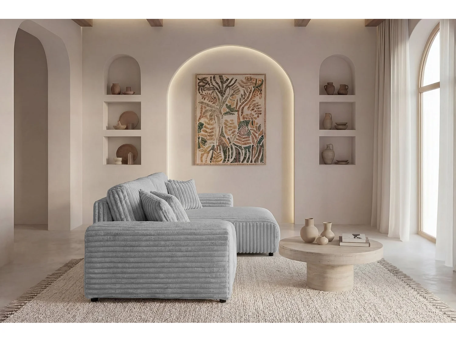 CAISA - Canapé d'angle convertible velours côtelé 4 places Gris clair